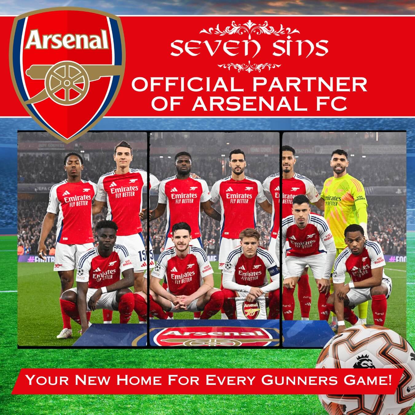 Seven Sins official partner of Arsenal FC, showing Arsenal team lineup, home for Gunners games, NYC soccer bar and watch party spot
