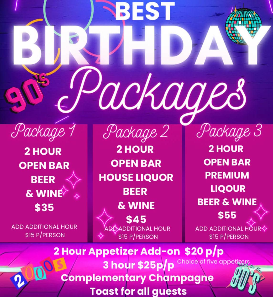 Birthday Packages at Seven Sins starting at $35 for a 2-hour open bar; add appetizers, champagne toast, or upgrade to premium liquor.