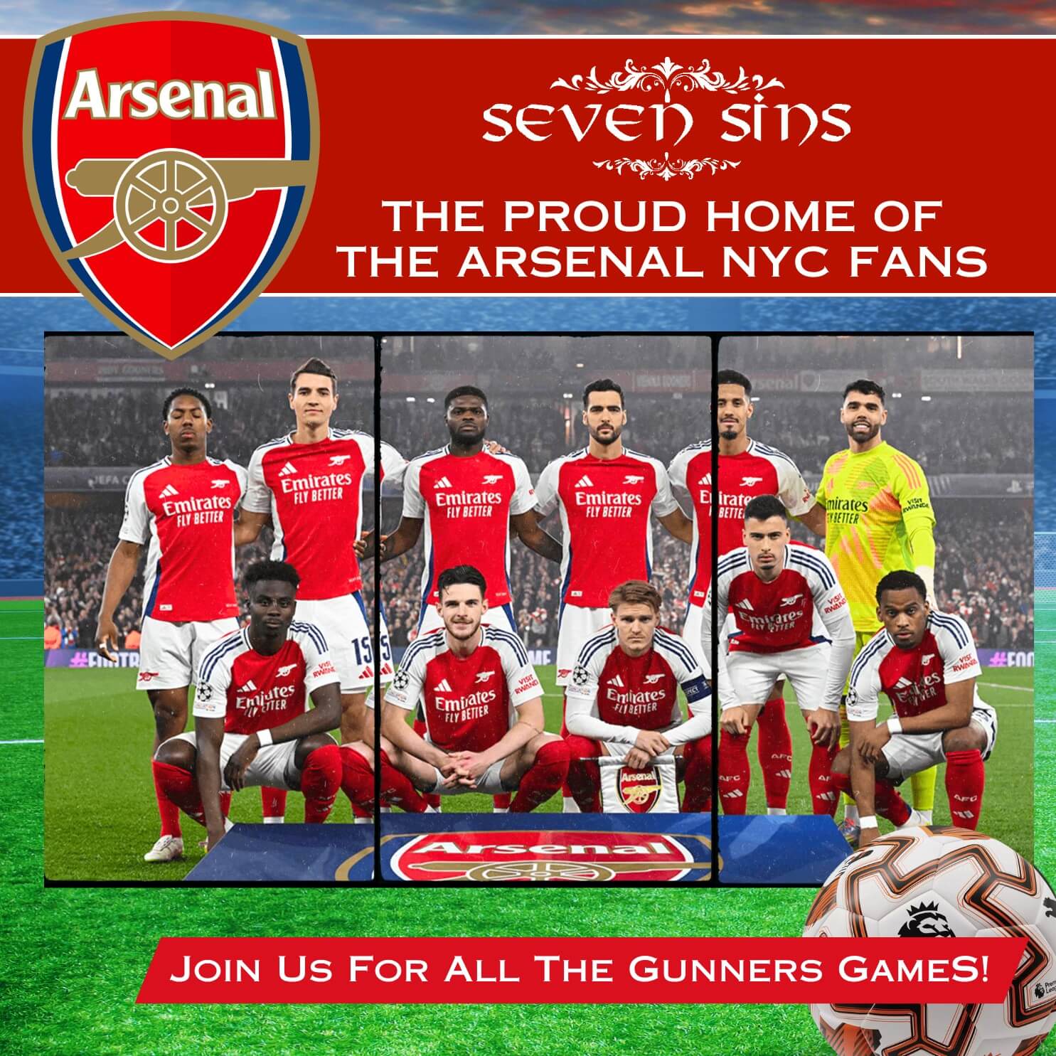 Arsenal soccer team photo with players in red and white uniforms on a field, with text promoting the Arsenal NYC fans and inviting to join Gunners games.