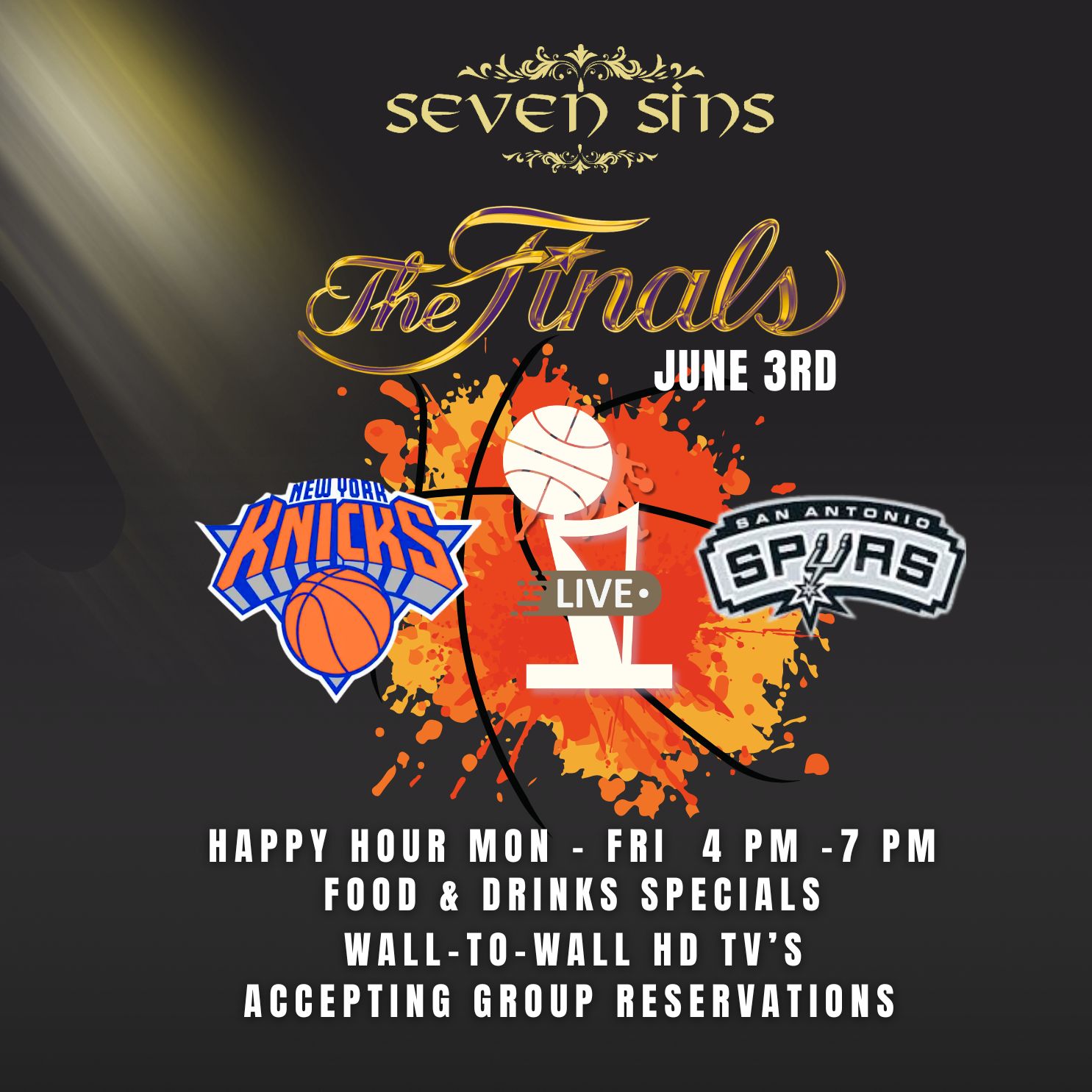 Poster for NBA Finals on June 3rd, featuring New York Knicks vs San Antonio Spurs with happy hour details.