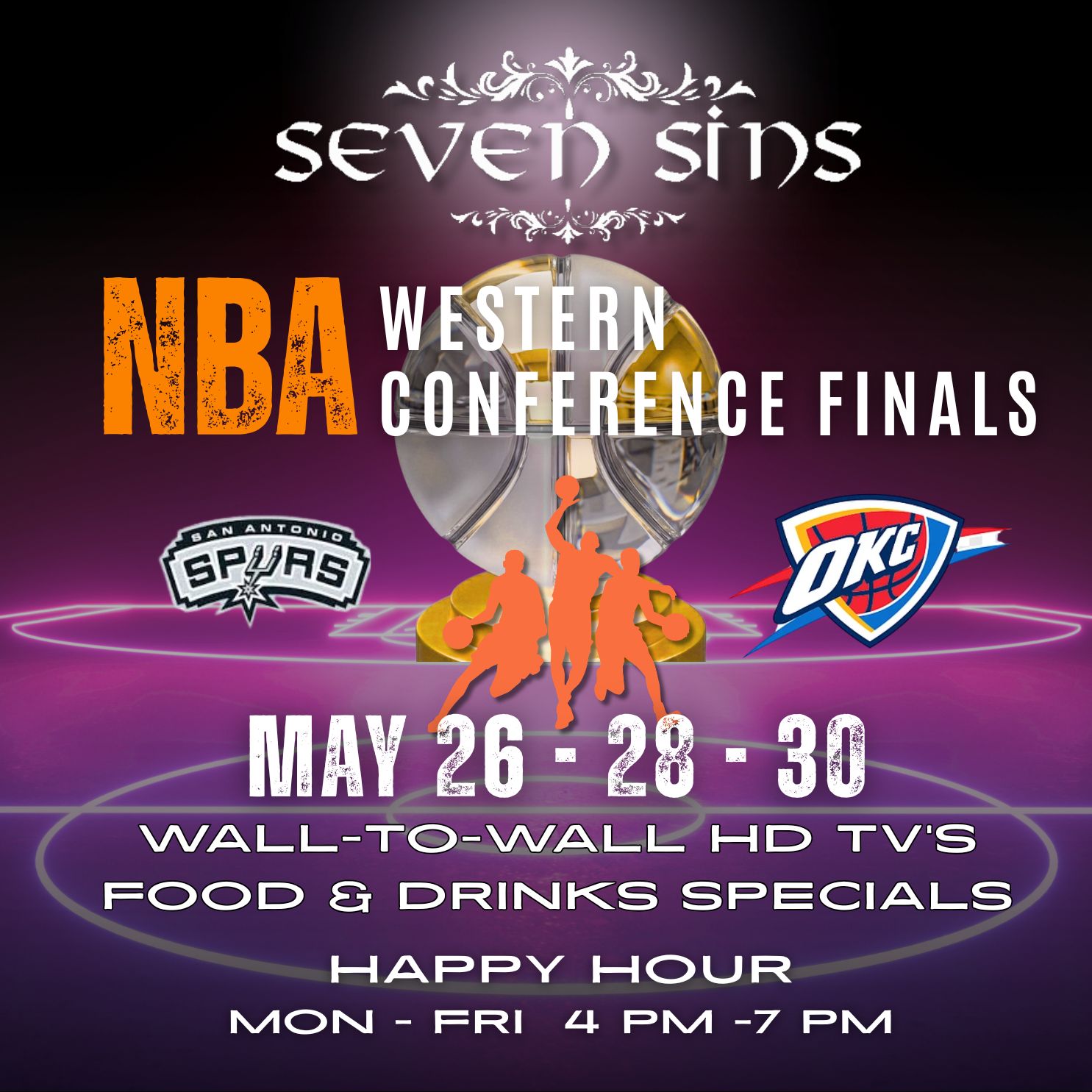 NBA Western Conference Finals May 26, 28, 30 with Spurs and OKC logos and game day specials.