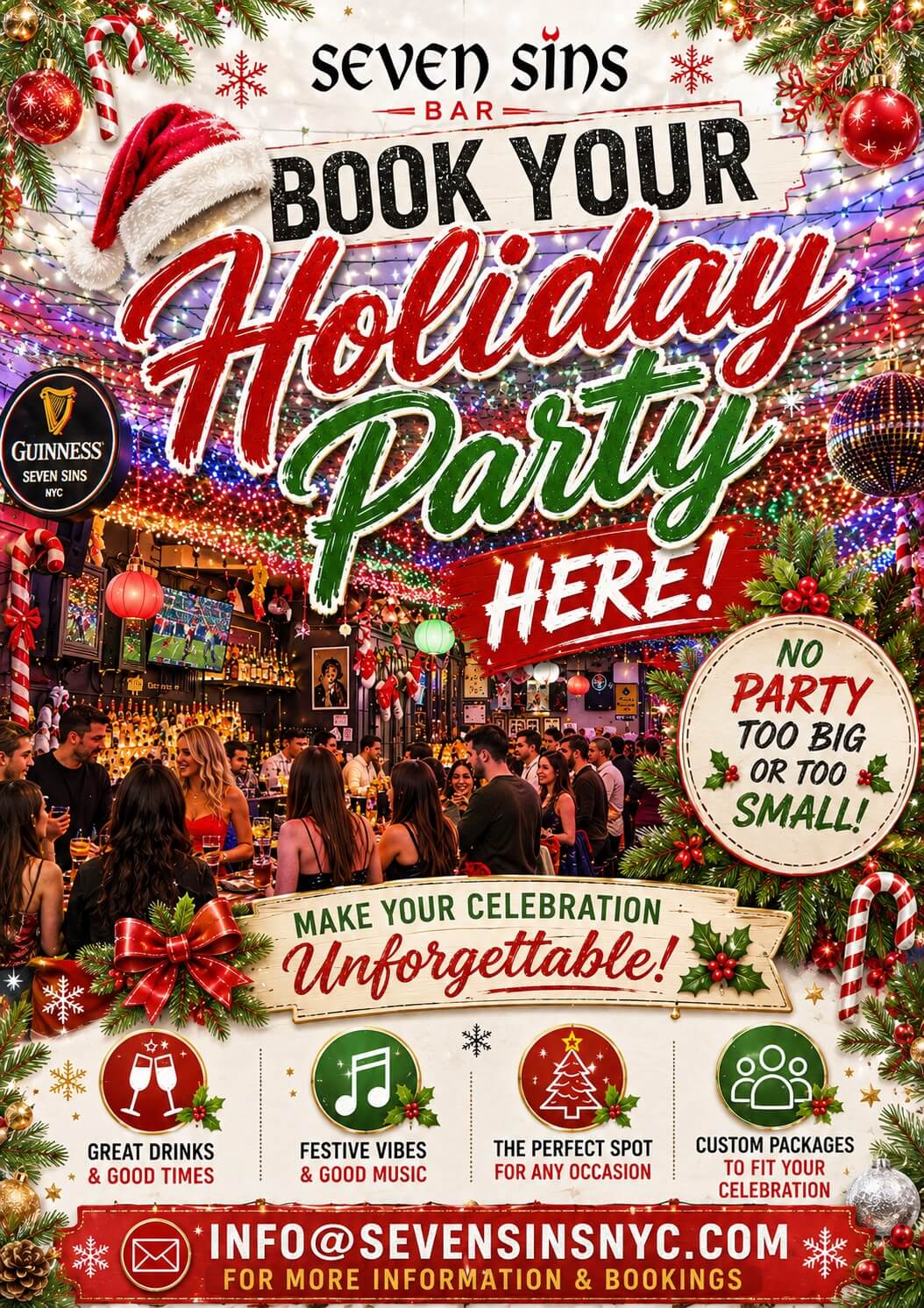 Holiday party venue in NYC with private event packages, festive décor, great drinks, live music, and group celebrations.